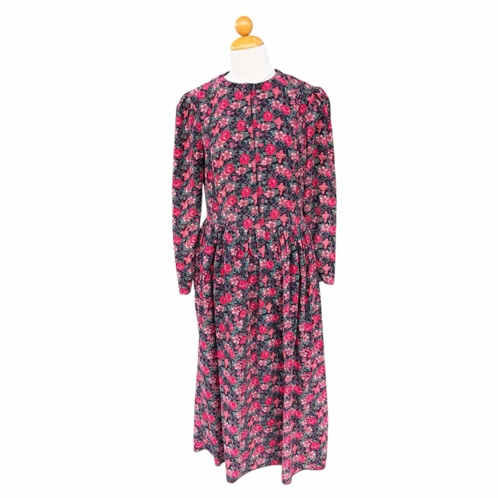 VTG Laura Ashley Prairie Maxi Dress Floral Corduroy Witchy Cottagecore Sz 14 GUC